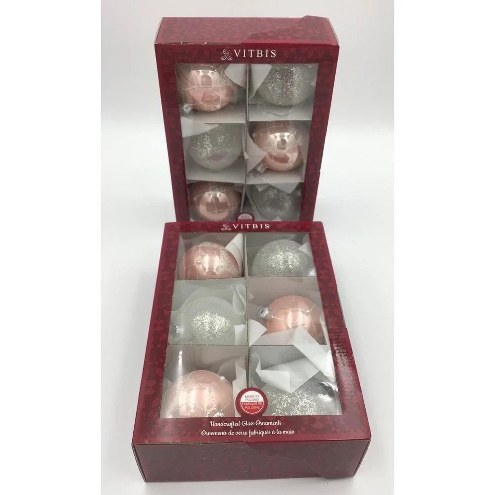 Vitbis Handcrafted Glass Ornaments Set of 12 Rose Gold White Glitter Poland